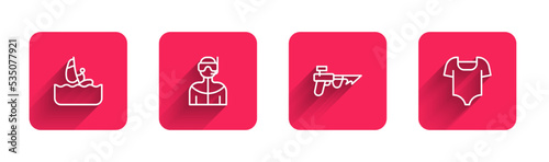 Set line Windsurfing, Wetsuit for scuba diving, Fishing harpoon and Swimsuit with long shadow. Red square button. Vector