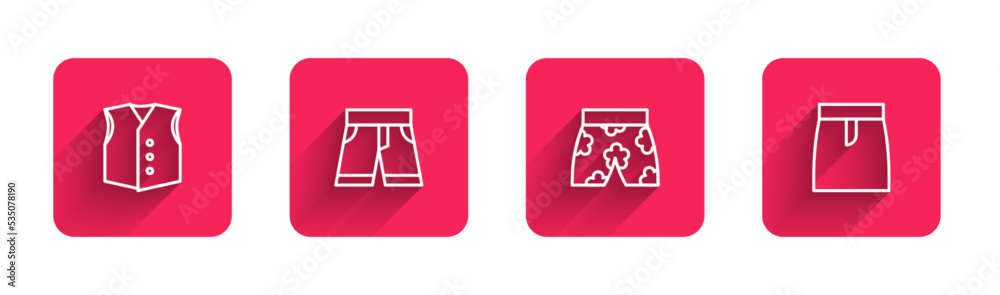 Set line Waistcoat, Short or pants, Swimming trunks and Skirt with long shadow. Red square button. Vector