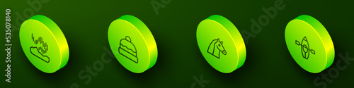 Set Isometric line Northern lights, Beanie hat, Horse and Kayak and paddle icon. Vector