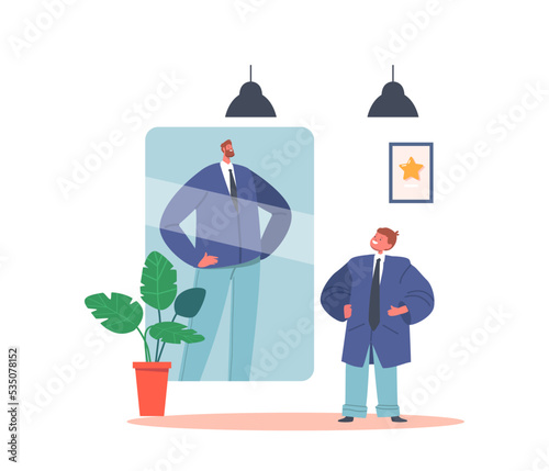 Little Boy Character In Clothes of Adult Man Looking At Fake Mirror Reflection And Dreaming To Be Successful Businessman