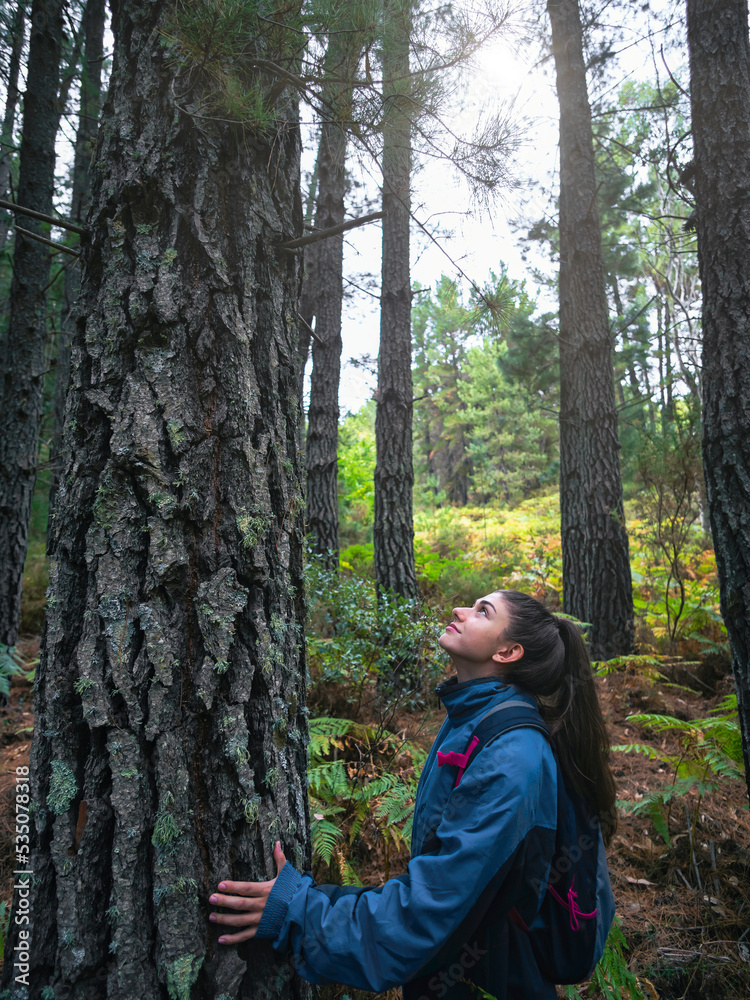 Young girl happily caressing a large tree with an expression of happiness and respect in a concept of conservation and love of nature. Young girl happily caressing a large tree with an expression of happiness and respect in a concept of conservation and love of nature.