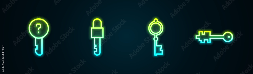 Set line Undefined key, Locked, Old and . Glowing neon icon. Vector