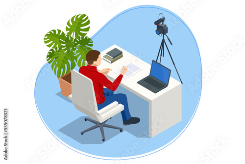 Isometric Video Blogger Records Content In His Studio, Live Streaming, Broadcast concept. Video Streaming Podcast. Vloggers Cartoon Character. Online Video