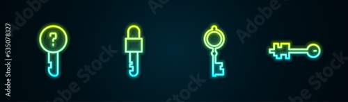 Set line Undefined key, Locked, Old and . Glowing neon icon. Vector