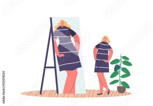 High Self-esteem Inadequate Perception Concept. Confident Woman With Distorted Self-perception Looking In Mirror
