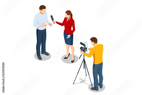 Isometric Video Blogger Records Content In His Studio, Live Streaming, Broadcast concept. Video Streaming Podcast. Online Video. Male and Female Social Media Network Bloggers.
