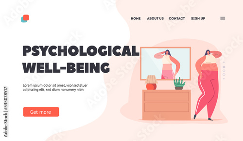 Psychological Well-being Landing Page Template. Female with High Self-esteem. Fat Woman With Distorted Perception