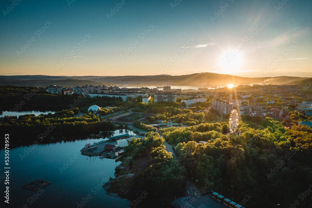 Aerial view of Murmansk in the summer. City beyond the Arctic Circle. Polar day