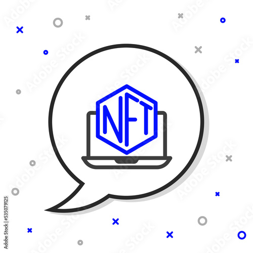 Line Laptop with art store app icon isolated on white background. Technology of selling NFT tokens for cryptocurrency. Non fungible token concept. Colorful outline concept. Vector