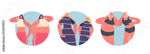 Female Characters with Distorted Inadequate Perception Isolated Round Icons. Skinny and Fat Women, Dysmorphophobia