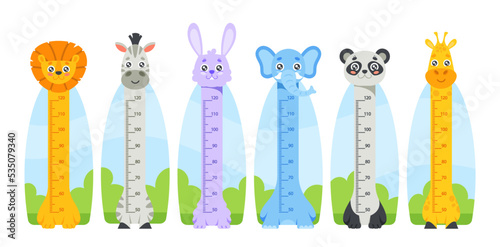 Kids Height Chart with Cute Lion, Zebra, Rabbit, Elephant, Panda, Giraffe Animals Characters. Children Growth Meter