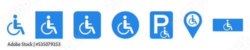 Set of blue disabled handicap vector signs on white background. Disability wheelchair. Handicapped or paralyzed person. Vector 10 EPS.