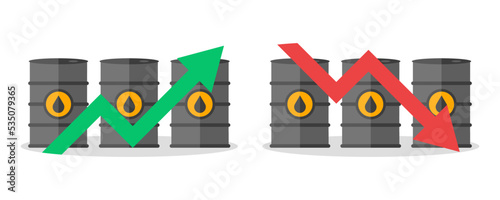 Chart with oil barrel. Price on oil rising and fall. Diagram growth and drop price for barrel. Market crude oil.