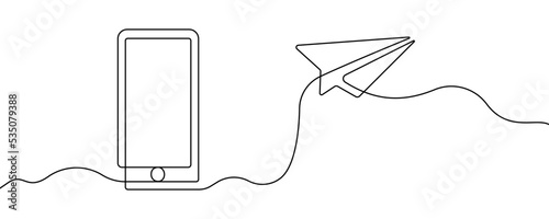 One continuous line phone and paper plane. Sent letter or message. Deliver mail with smartphone. Flight airplane. Symbol fast deliver email.