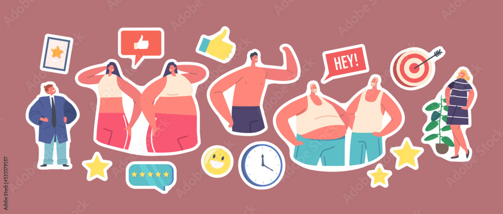 Set of Stickers Male and Female Characters with Distorted Inadequate Perception. Skinny and Fat Men or Women Patches