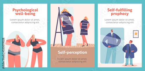 Male and Female Characters with Distorted Inadequate Perception Banners. Skinny and Fat Men or Women Look At Mirror