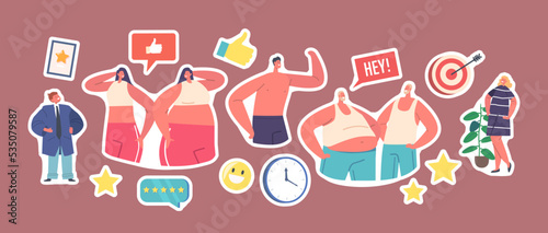 Set of Stickers Male and Female Characters with Distorted Inadequate Perception. Skinny and Fat Men or Women Patches
