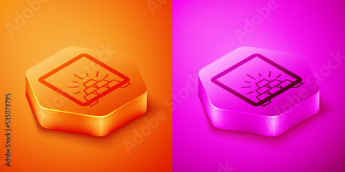 Isometric Safe with gold bars icon isolated on orange and pink background. Precious metals on deposit in bank. Metallic treasury. Reliable data protection. Hexagon button. Vector