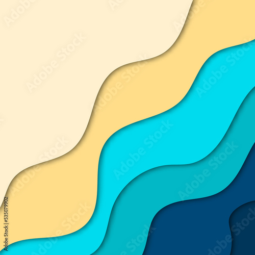 Abstract blue sea and beach summer background with paper waves and sea coast for banner, invitation, poster or website design. Paper cut style, imitation 3d. eps 10