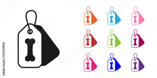 Black Dog collar with name tag and bone plaque icon isolated on white background. Supplies for domestic animal. Cat and dog care. Pet dog chains. Set icons colorful. Vector
