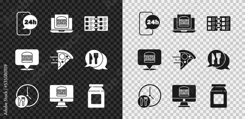 Set Food ordering, Online burger delivery, Restaurant cafe menu, Round the clock, and, and pizza icon. Vector