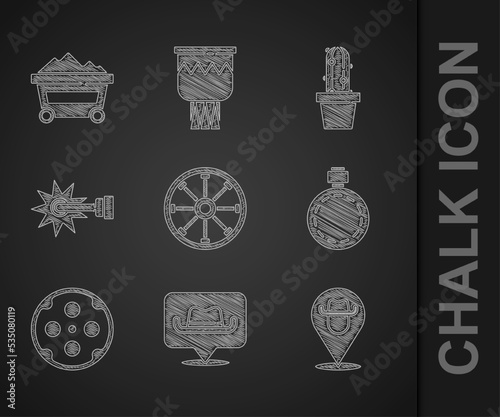 Set Old wooden wheel, Location cowboy, Canteen water bottle, Revolver cylinder, Spur, Cactus peyote pot and Coal mine trolley icon. Vector