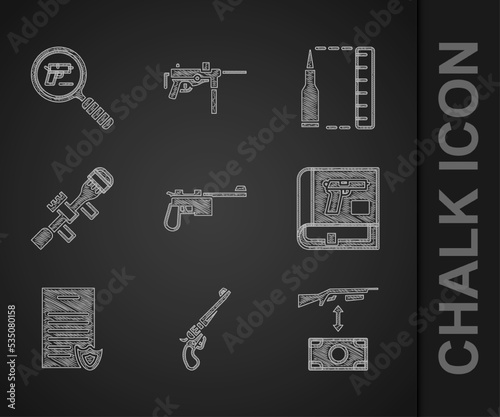 Set Mauser gun, Revolver, Buying assault rifle, Book with pistol or, Firearms license certificate, Sniper optical sight, Bullet and Pistol search icon. Vector