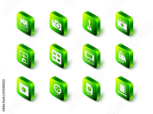 Set Photo camera, Movie trophy, Play Video, Camera roll cartridge, Makeup mirror with lights, recorder on laptop, FLV file document and Film reel icon. Vector