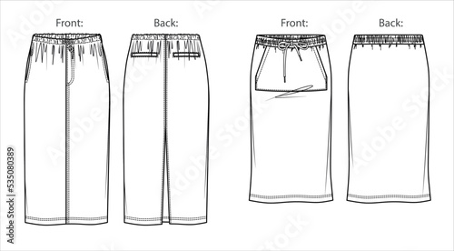 Vector utility style midi skirt with waistband fashion CAD, woman long skirt with side pockets sketch, template, flat, technical drawing.Jersey or woven fabric skirt with front, back view, white color