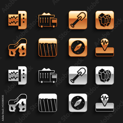 Set Ground, Gem stone, Earthquake, Compass, Geological fault, Shovel, Seismograph and Mining dump truck icon. Vector
