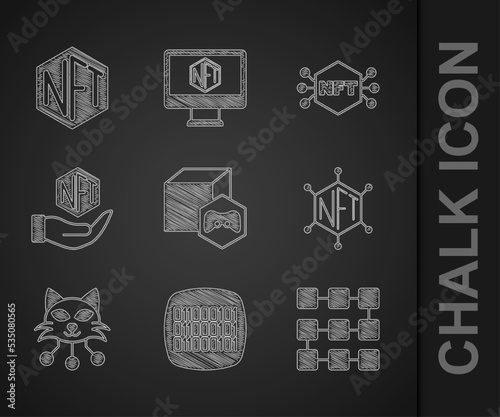Set NFT Digital crypto art, Binary code, blockchain technology, and icon. Vector