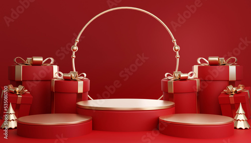 3D render cylinder podium in christmas Santa Claus and christmas tree, gift boxes, ribbon, product, perfume, promotion sale, presentation, cosmetic on background color .