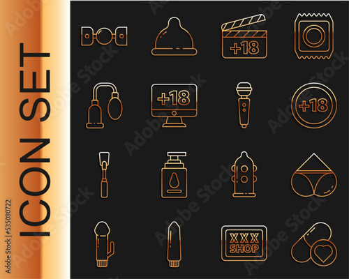 Set line Pills for potency, aphrodisiac, Woman panties, Plus 18 movie, Movie clapper with plus content, Monitor, Penis pump, Silicone ball gag belt and Dildo vibrator icon. Vector