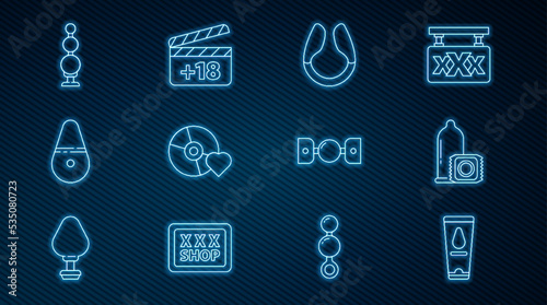 Set line Personal lubricant, Condom, Dildo vibrator, Adult label compact disc, Anal beads, Silicone ball gag with belt and Movie clapper 18 plus content icon. Vector