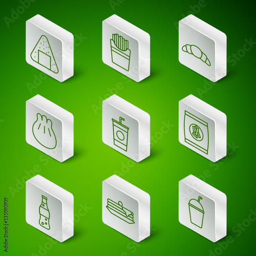 Set line Milkshake, Stack of pancakes, Onigiri, Paper glass with straw, Khinkali on cutting board, Potatoes french fries box, Bottle water and Hard bread chucks crackers icon. Vector