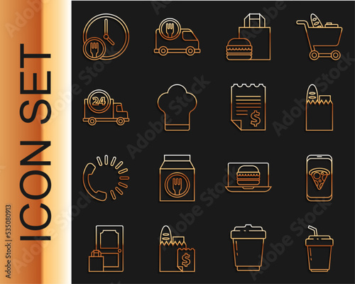 Set line Coffee cup to go, Food ordering pizza, Shopping bag and food, Online burger delivery, Chef hat, Fast by car, Round the clock and Paper financial check icon. Vector