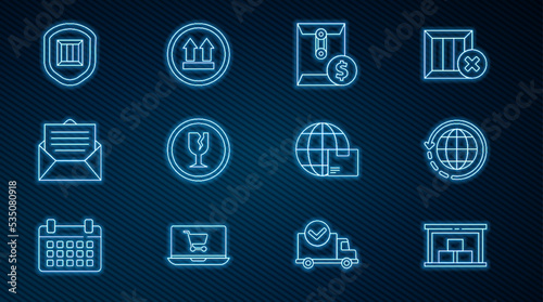 Set line Warehouse, Worldwide shipping and box, Envelope with dollar symbol, Fragile broken glass, Delivery security shield, and This side up icon. Vector