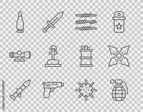 Set line Rocket launcher, Hand grenade, Barbed wire, Pistol or gun, Bullet, Soldier grave, Naval mine and Japanese ninja shuriken icon. Vector