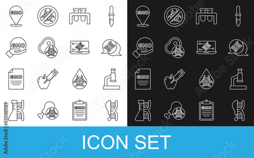 Set line Genetically modified chicken, Microscope, DNA symbol, Test tube and flask, meat, GMO, and engineering modification icon. Vector