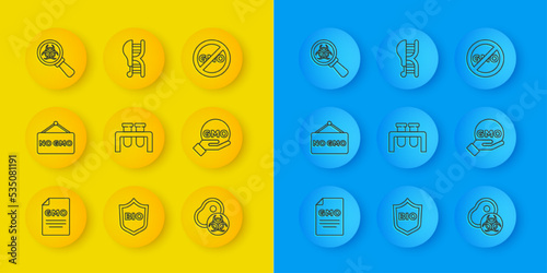 Set line GMO, No, Test tube and flask, Genetically modified meat, Biohazard magnifying glass, and chicken icon. Vector