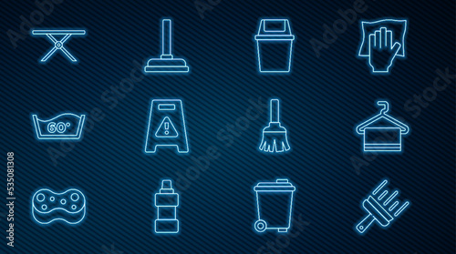 Set line Rubber cleaner for windows, Towel on hanger, Trash can, Wet floor, Temperature wash, Ironing board, Feather broom and plunger icon. Vector