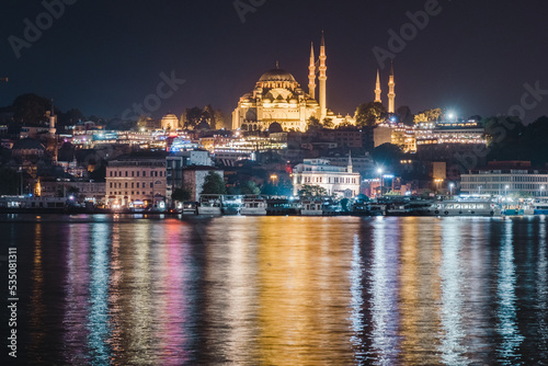 Istabul  Turkey - July 01 2017   night view to Eminonu Harbor and New Mosque