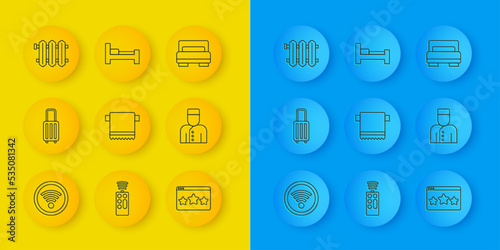 Set line Wi-Fi wireless, Suitcase, Towel on hanger, Five stars rating review, Concierge, Heating radiator, Hotel room bed and icon. Vector