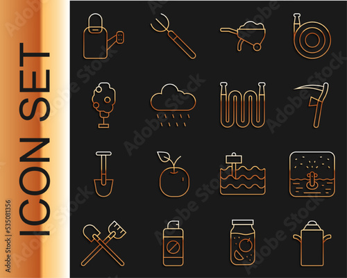 Set line Can container for milk, Automatic irrigation sprinklers, Scythe, Wheelbarrow with dirt, Cloud rain, Tree apple, Watering can and Garden hose icon. Vector