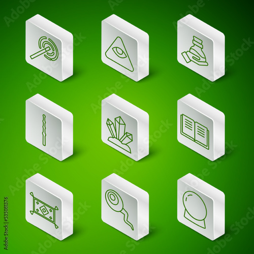 Set line Magic ball, Eye, wand, stone, Masons, carpet and Ancient magic book icon. Vector