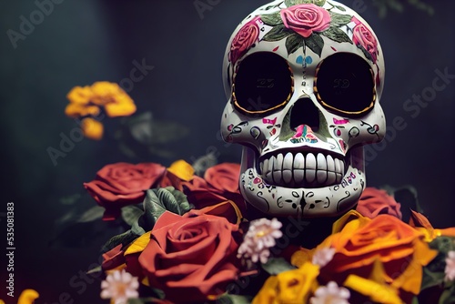 Calavera (Sugar Skull) for Dia de Los Muertos (Day of the dead) intricate and ornate style with flowers and skulls incorporated into a gorgeous design. 3D computer-generated image with photorealism photo