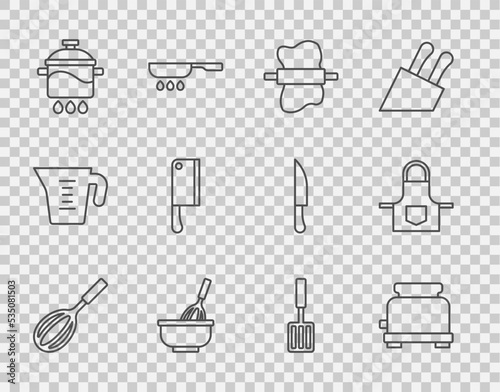 Set line Kitchen whisk, Toaster, Rolling pin on dough, with bowl, Cooking pot, Meat chopper, Barbecue spatula and apron icon. Vector