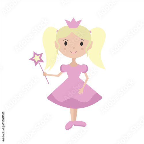Cute little princess girl in a pink dress with blonde hair. Cartoon illustration for kids clothing. Use for print, surface design, fashion wear