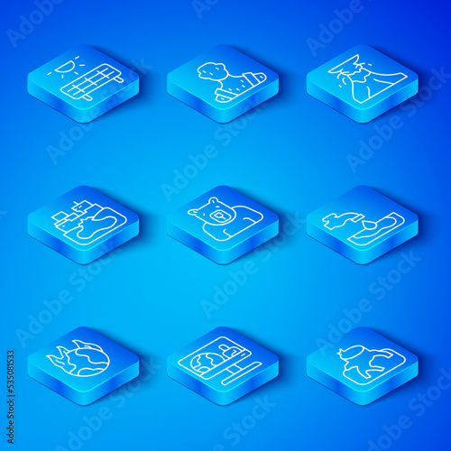 Set line Global warming fire, Polar bear head, Weather forecast, Water problem, Volcano eruption with lava, Wrecked oil tanker ship, Solar energy panel and Deforestation icon. Vector