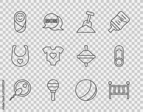 Set line Sperm, Baby crib cradle bed, Sandbox with sand and shovel, Rattle baby toy, Newborn infant swaddled, clothes, Beach ball and pin icon. Vector